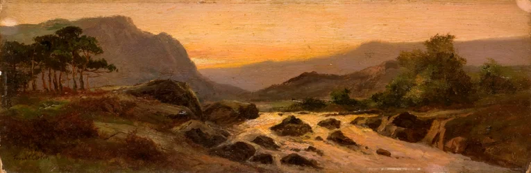 Sonnenuntergang, felsiger Bach